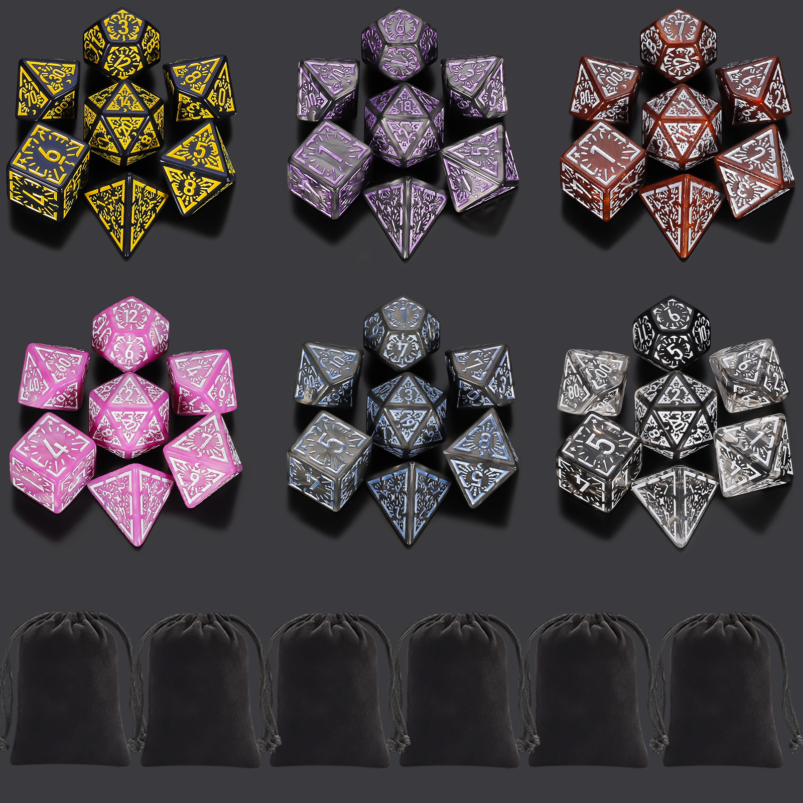Dice Set Polyhedral - DND Dice Set -7pc carved pattern